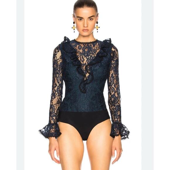 Alexis Bodysuit Womens Small Navy Lace Ruffle Pollie Illusion Long Sleeve Top - Picture 2 of 14